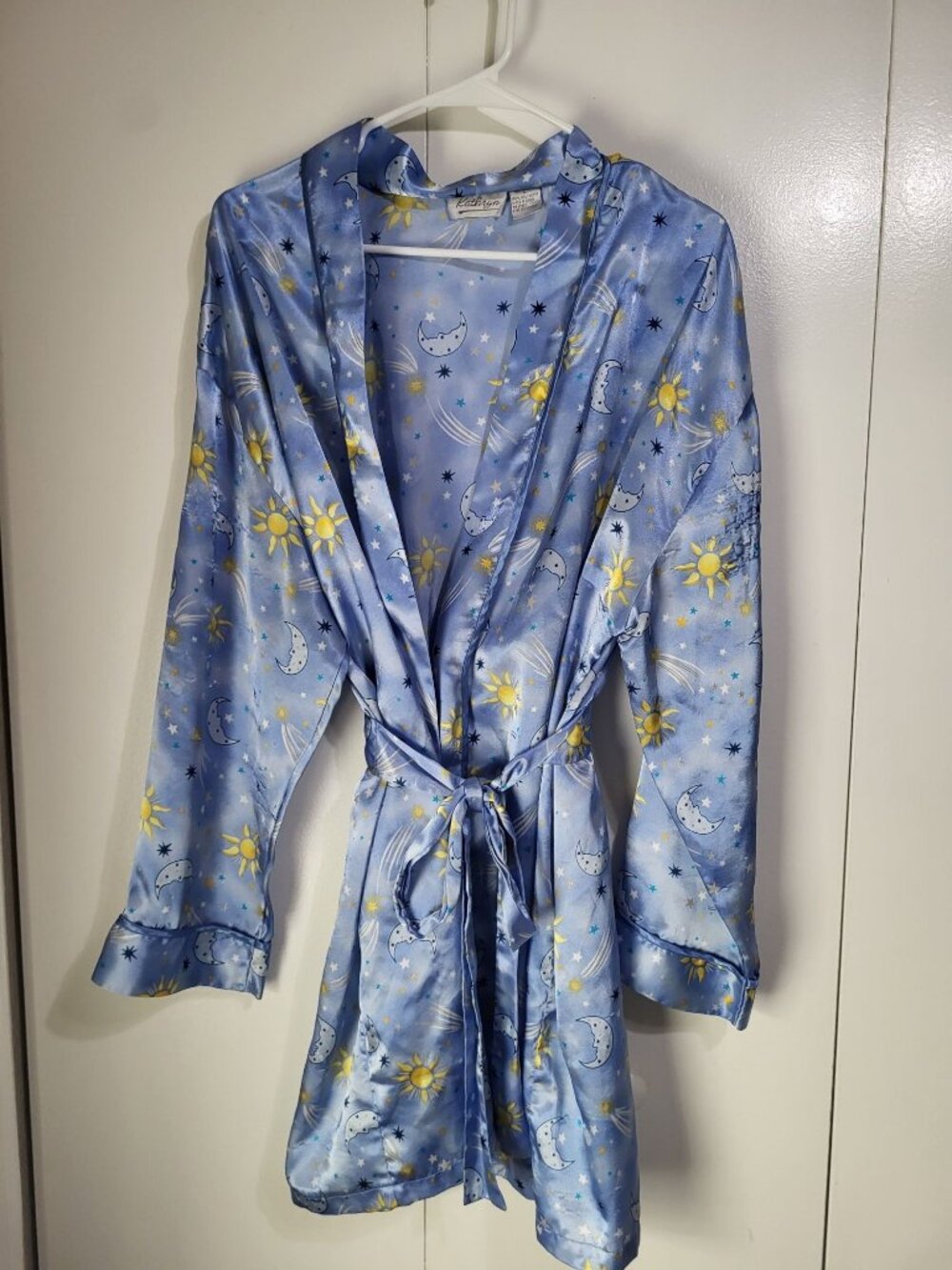 Vintage Kathryn Women LG Blue Satin Robe Sun Moon Stars Print 90s Celestial